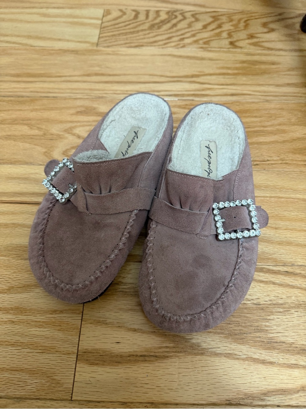 Free People Mauve Suede Slip-On Mules with Rhinestone Buckle